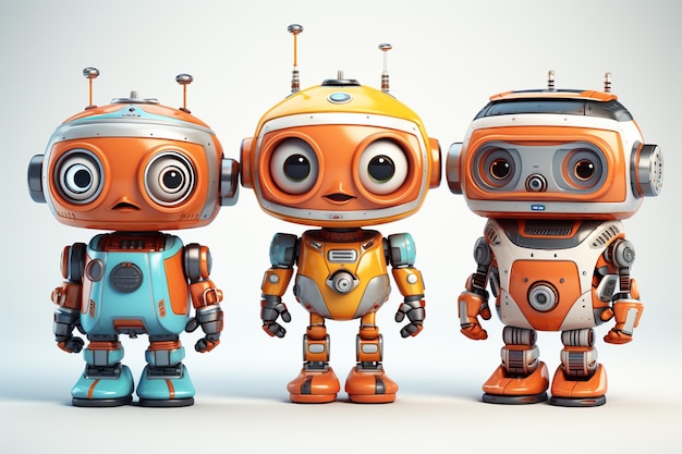 Drei orangefarbene Roboter stehen auf einem weißen Hintergrund 3D-Rendering