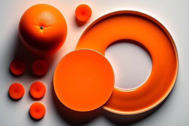Drei orangefarbene runde Formen isoliert auf weißem Hintergrund, Draufsicht, flache Lay-Komposition