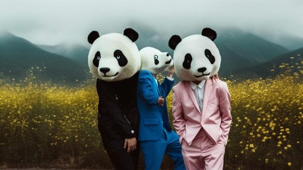 Foto drei panda-masken stehen auf einem feld.