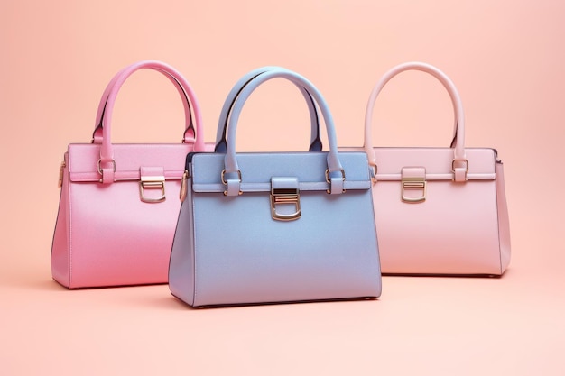 Drei pastellfarbene Damenhandtaschen auf rosa Hintergrund, Sommermode-Konzept, KI generiert