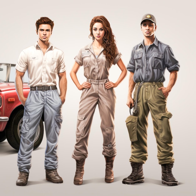 Foto drei personen auto-mechaniker-team stehen zuversichtlich
