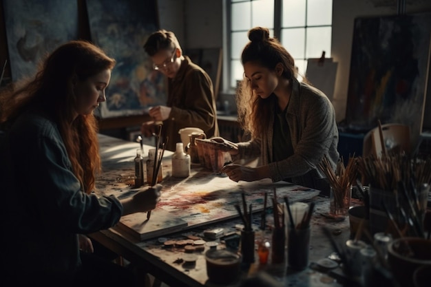 Drei Personen sitzen an einem Tisch, einer von ihnen malt.