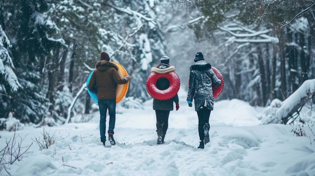 Foto drei personen tragen rettungsschutzgeräte, während sie im schnee laufen