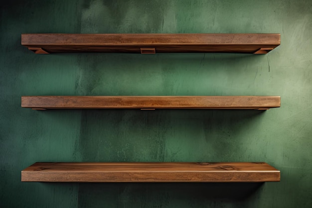 Drei Perspektiven eines dunkelbraunen Holzregals für die Ausstellung von Waren werden gegen einen grünen Betonwandstudio-Raum platziert