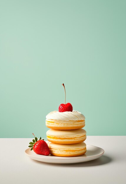 drei Pfannkuchen mit Erdbeeren auf einem Teller mit grünem Hintergrund