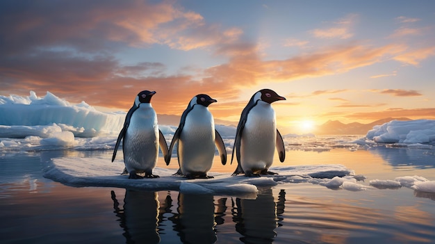 Drei Pinguine auf einer Eisscholle im Meerwasser im Winter
