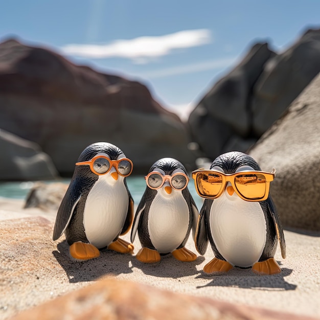 drei Pinguine-Pinguine mit orangefarbenen Sonnenbrillen auf ihren Köpfen sind an einem Strand