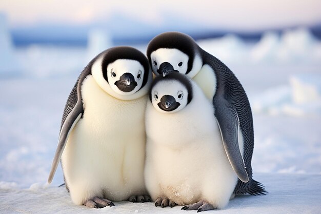 Foto drei pinguine sitzen auf einem stück eis