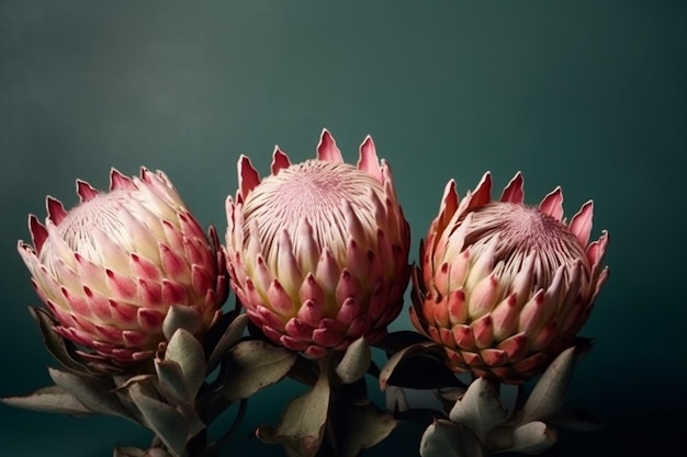 Foto drei proteas auf grünem hintergrund mit dunkelblauem hintergrund.