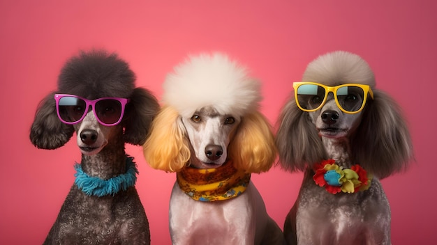 Drei Pudel mit flippiger Sonnenbrille auf rosa Hintergrund, neuronales Netzwerk erzeugtes Bild