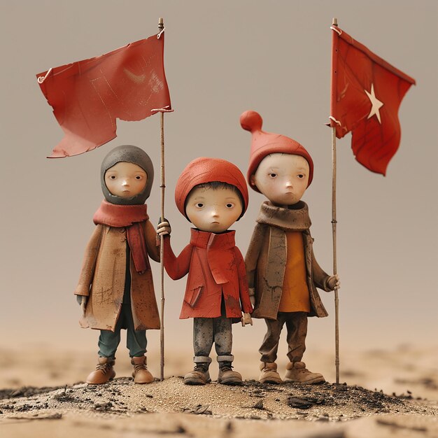 drei Puppen stehen mit einer roten Flagge im Sand