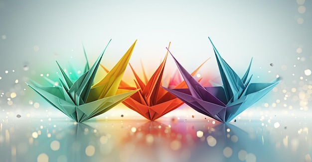 Drei regenbogenfarbene Origami-Kranen in der Luft im Stil von in Cinema4d gedruckter Primär