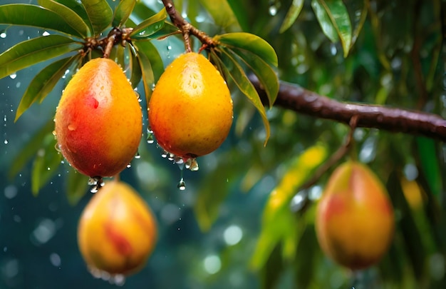 Drei reife Birnen hängen im Regen an einem Baumzweig.