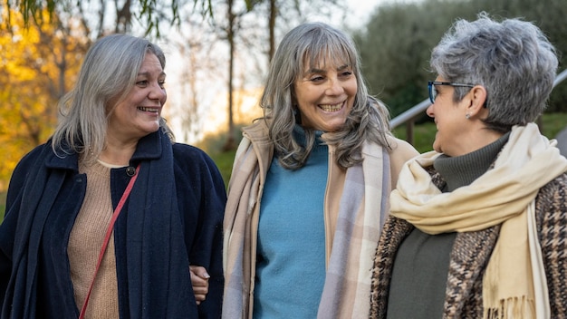 Drei reife Seniorinnen, die draußen spazieren gehen und glückliche Gesichter plaudern und ältere Menschen altern und ein Freundschaftskonzept lächeln