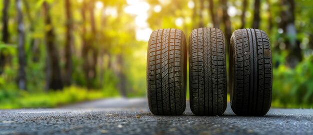 Foto drei reifen auf der asphaltstraße vor einem grünen waldhintergrund gummireifen für sommer- oder winterfahrzeuge das konzept der recycelten gummireihen für reisen mit neuen fahrzeugen