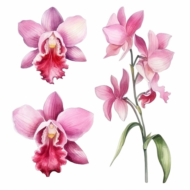 Drei rosa Orchideen mit grünen Blättern auf weißem Hintergrund, generative KI