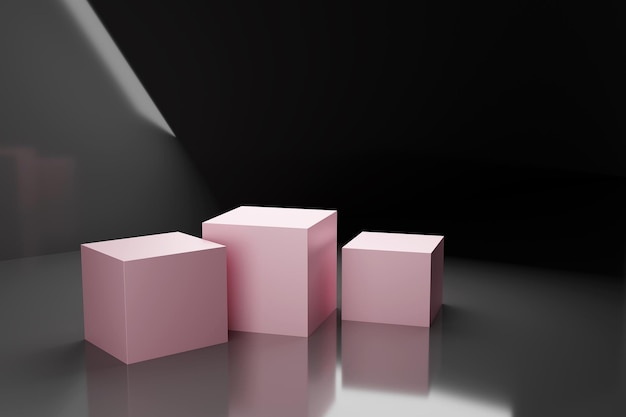 Drei rosa Quadrate stehen auf schwarzem Hintergrund