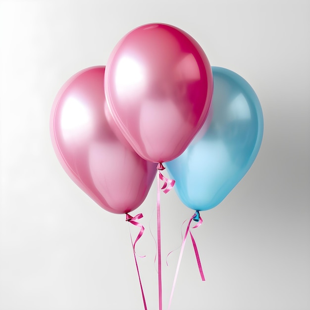 Drei rosa und blaue Luftballons, an denen ein Band befestigt ist.