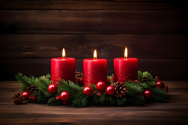 Foto drei rote brennende kerzen für die deutsche adventszeit weihnachtskränzdekoration auf dunklem holzhintergrund