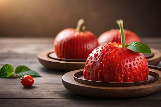 Drei rote Erdbeeren auf einem Holztisch mit einem grünen Blatt darauf.