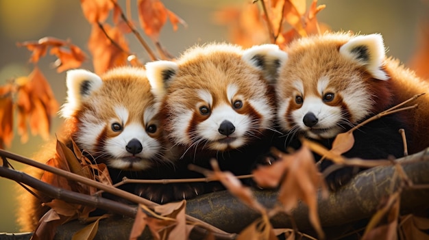 Drei rote Pandas sitzen anmutig in einem Baum. Ihr lebendiges Fell kontrastiert wunderschön mit dem