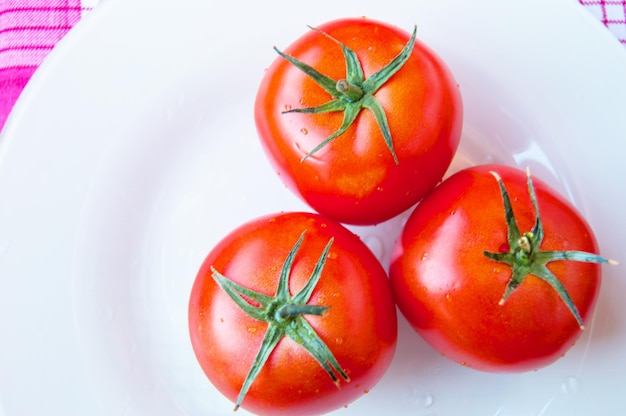 Drei rote reife Tomaten mit grünen Stielen und Wassertropfen auf einer weißen Platte