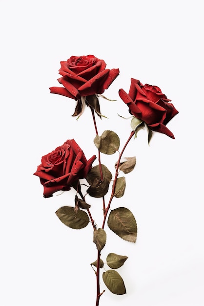 Drei rote Rosen mit grünen Blättern in einer Vase, generatives KI-Bild