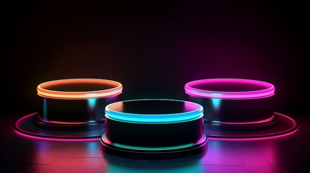 Foto drei runde metallbehälter mit neonlichtern auf der oberseite.