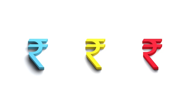 Drei Rupie blau gelb rot Farben Websymbol 3D-Symbol zurück zum Thema Banner Schule