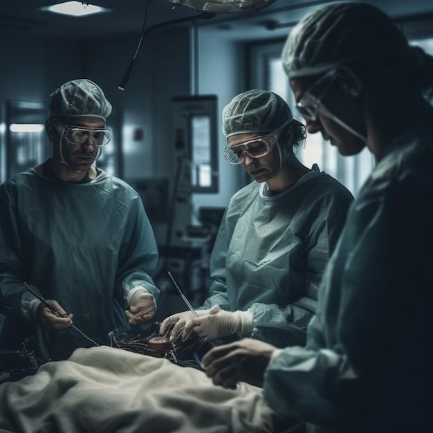 Drei Ärzte in Kitteln und einer mit Brille und Hut stehen neben einem Patienten.