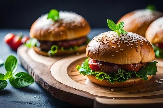 Drei Sandwiches auf einem Holzplatt mit einem grünen Blatt oben.