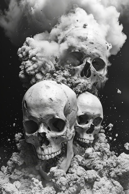 Drei Schädel werden in einer explodierten Ansicht gezeigt, umgeben von Knochen- und Staubpartikeln