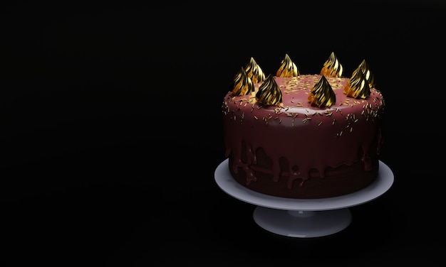 Drei Schichten weicher Schokoladenkuchen mit Schokoladensauce, geschmückt mit goldener Schlagcreme und goldener Frühlingsstreuung, auf einem weißen kreisförmigen Tablett auf schwarzem Hintergrund 3D-Rendering