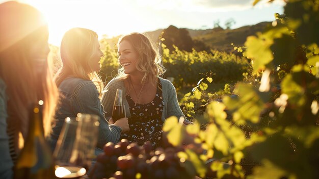 Foto drei schöne junge frauen sitzen in einem üppig grünen weinberg, lachen und trinken wein.