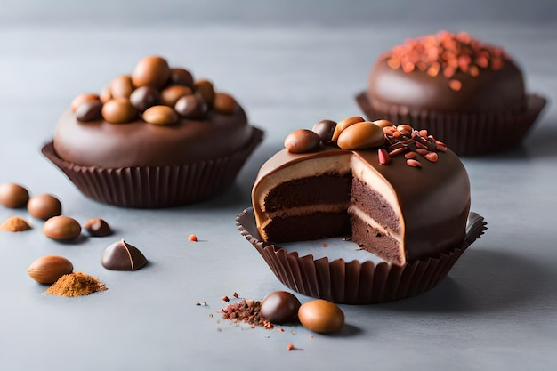 Drei Schokoladen-Cupcakes, von denen einer halbiert und einer halbiert wird.