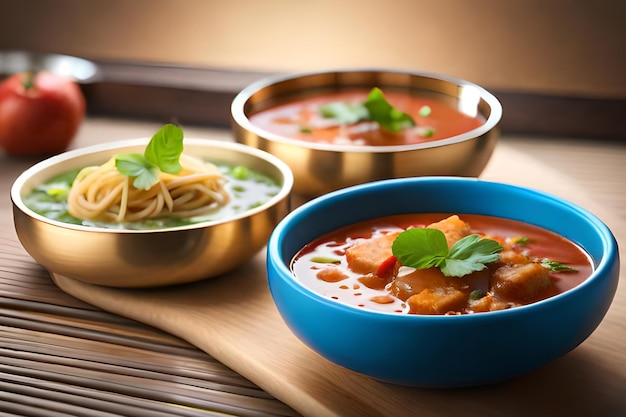 Drei Schüsseln Suppe, auf einer davon eine Schüssel Spaghetti und auf der anderen eine Tomatenscheibe.