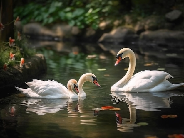 Drei Schwäne schwimmen in einem Teich mit einem Fisch im Hintergrund