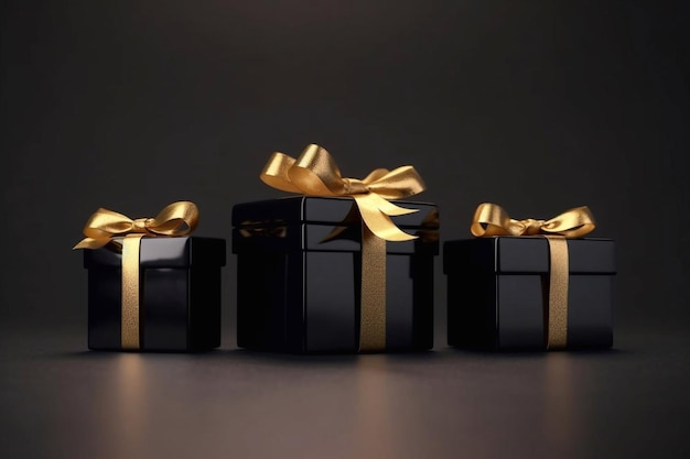 Drei schwarze Geschenkkisten mit goldenem Bogen 3D-Illustration Generative KI
