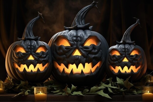 Drei schwarze Kürbislaternen für Halloween
