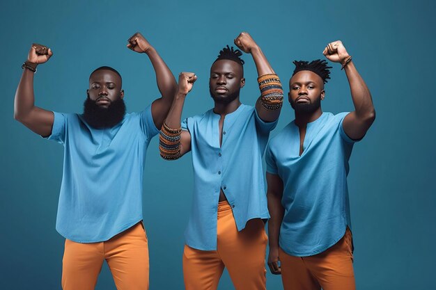 Drei schwarze Männer in blauen T-Shirts und orangefarbenen Hosen mit erhobenen Fäusten vor einheitlichem Hintergrund feiern den Black History Month