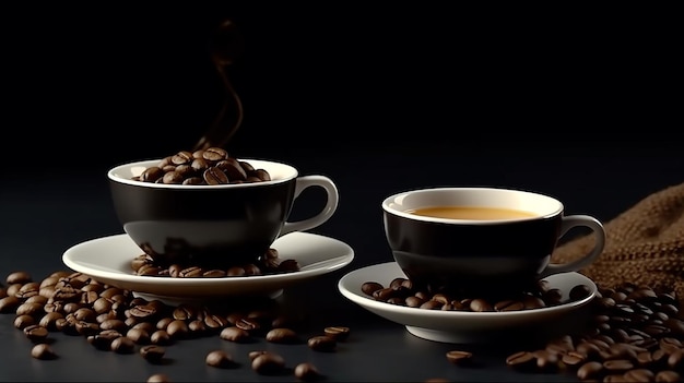 Drei schwarze Tassen mit Kaffee und Untertassen auf schwarzem Hintergrund