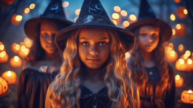 Drei schwarze Teenagerinnen, verkleidet als Hexen, posieren gegen festliche Hintergrundlichter auf einer Halloween-Party