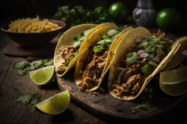 Drei Schweinefleisch-Carnitas-Straßen-Tacos in gelber Maistortilla Illustration AI generativ