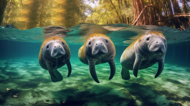 Drei Seekühe schwimmen in einem ruhigen Fluss, umgeben von üppigen Bäumen