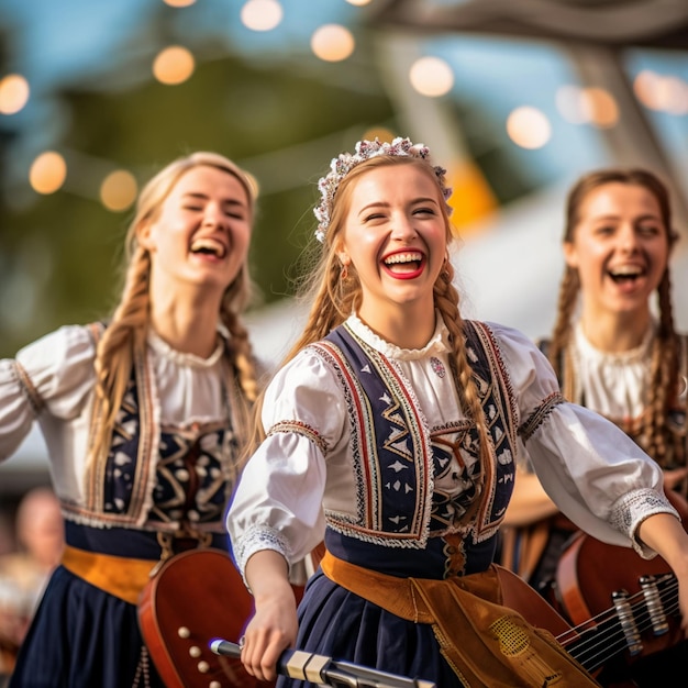 Foto drei sexy deutsche blondinen singen und tanzen auf dem oktoberfest