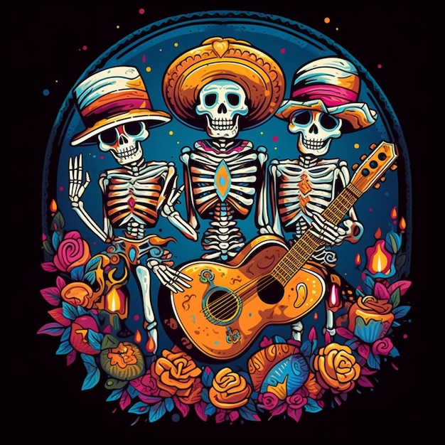 drei Skelette spielen Gitarre und singen in einem Kreis mit Rosen generative ai