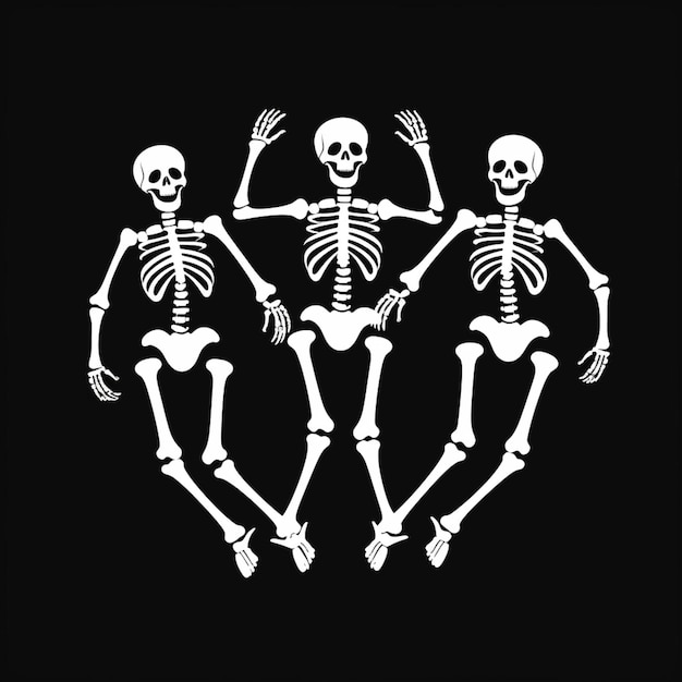 Foto drei skelette stehen in einem kreis mit den armen hoch.