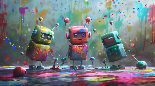 Drei skurrile Roboter, bedeckt mit leuchtenden Farbstreifen vor einem abstrakten, farbenfrohen Hintergrund