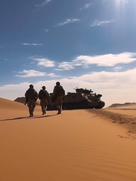 Drei Soldaten gehen an der heißen Wüste vorbei. Militärangehörige gehen zum Panzer. Kriegskonflikt. Generative KI