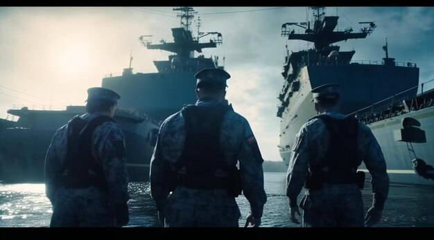 Drei Soldaten stehen vor einem großen Schiff